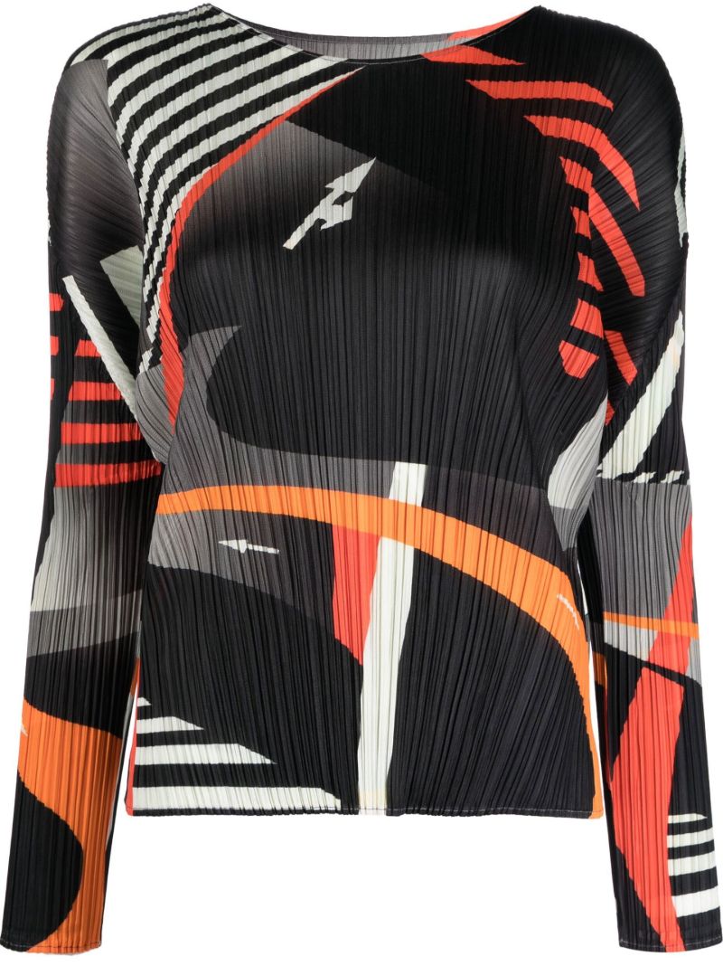 Black Abstract Print Pleated Top