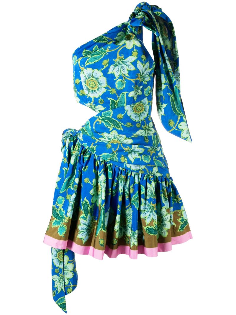 Blue Winnie Floral-print One-shoulder Mini Dress