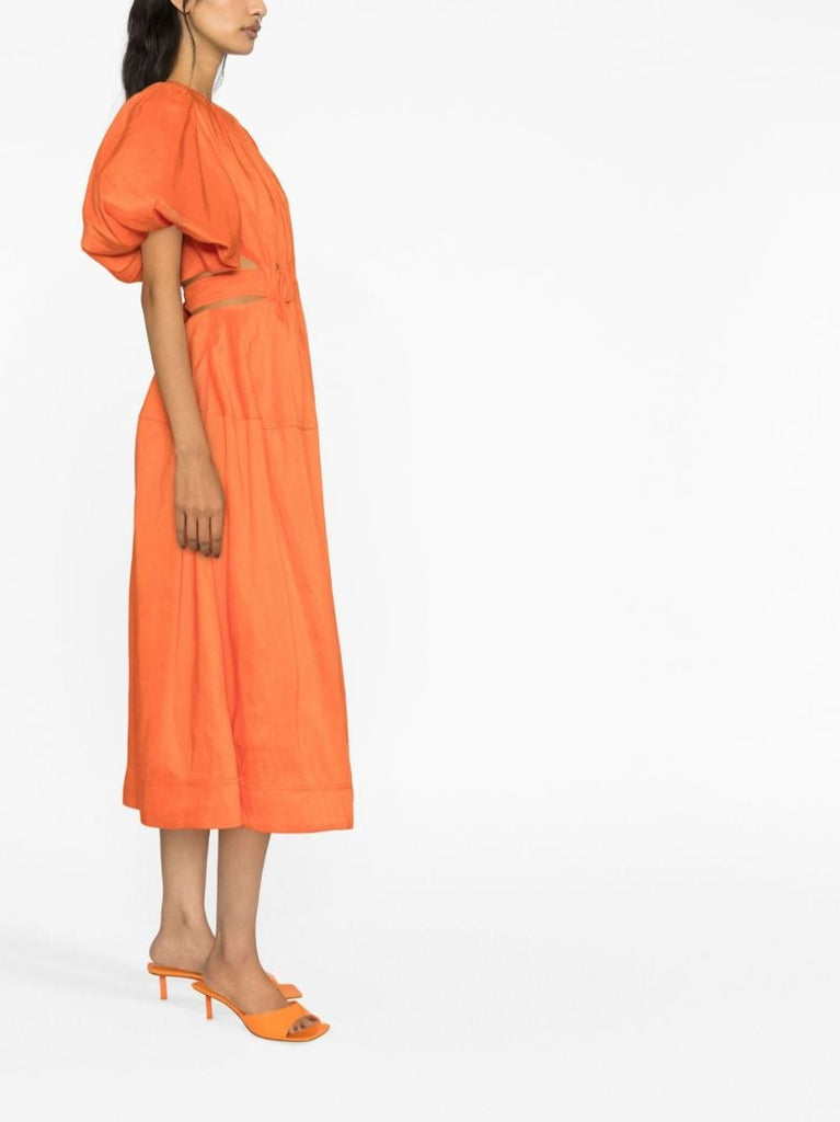 Orange Cosette Puff-sleeve Midi Dress