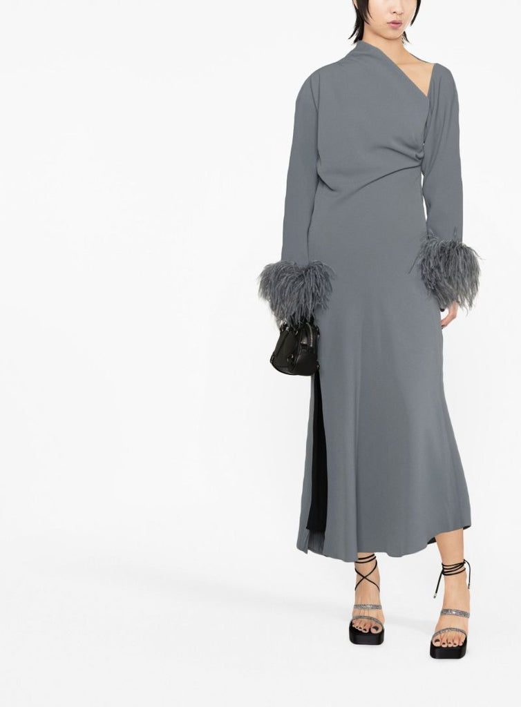 Grey Adelaide Feather Trim Midi Dress