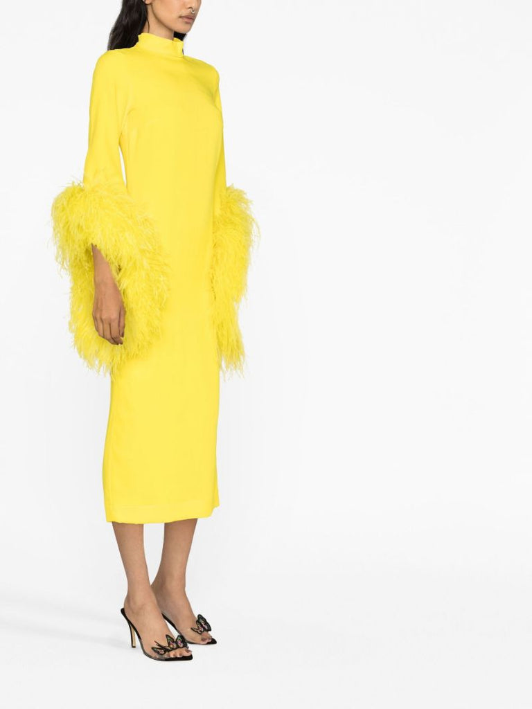 Yellow Del Rio Feather-trim Midi Dress