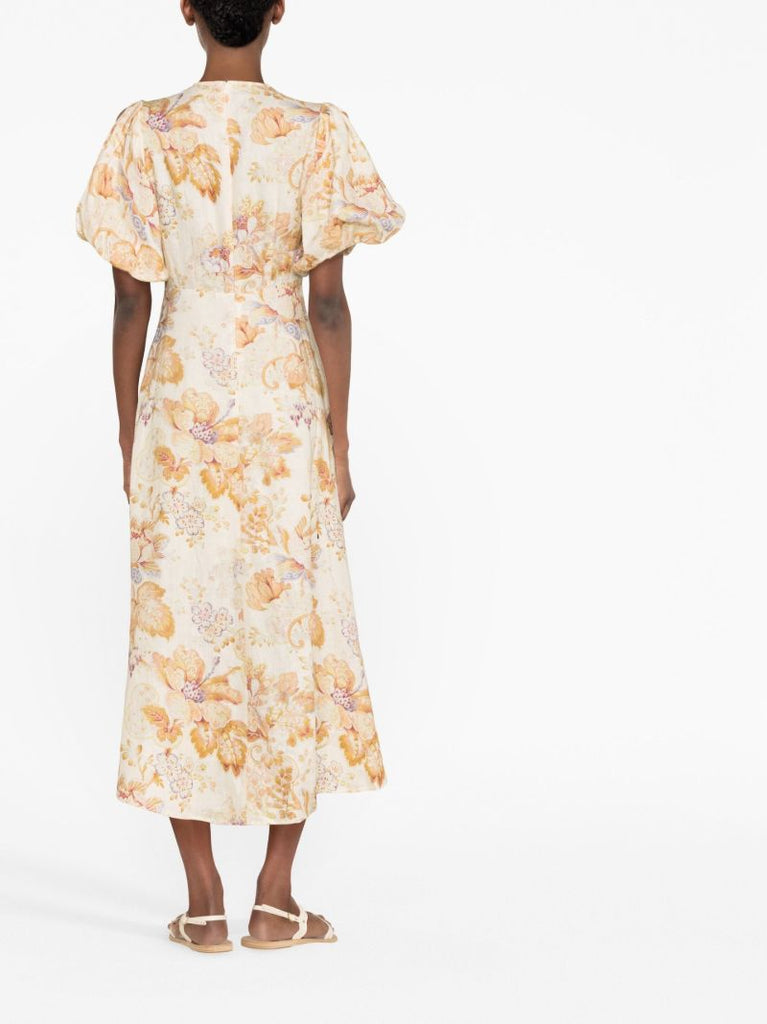 Neutral Floral Print Midi Dress