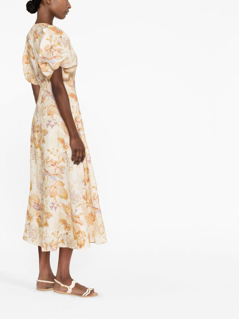 Neutral Floral Print Midi Dress