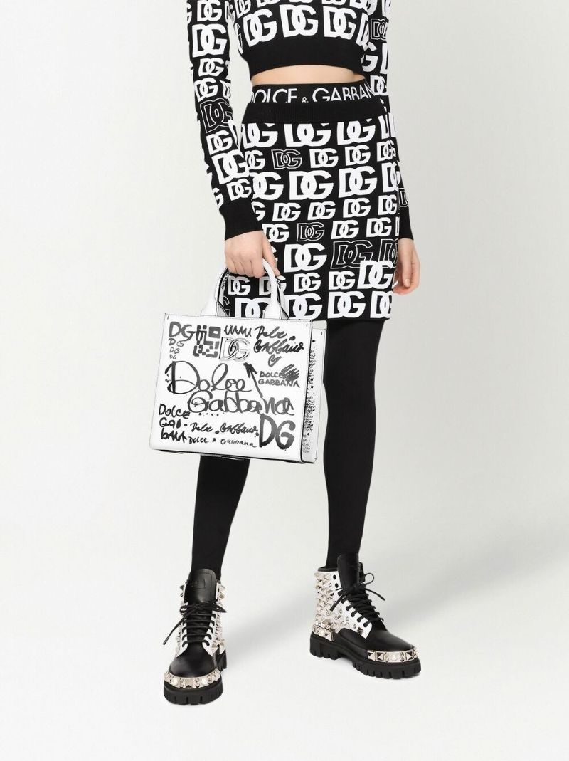 White Logo Printed Leather Tote Bag