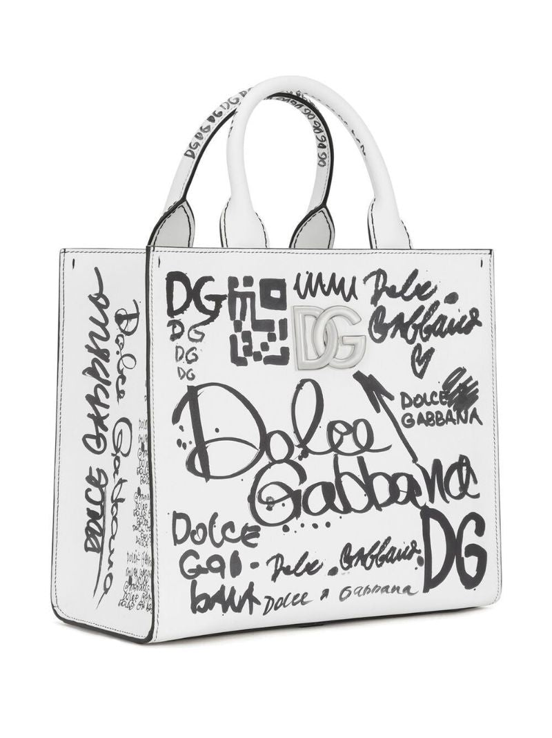 White Logo Printed Leather Tote Bag
