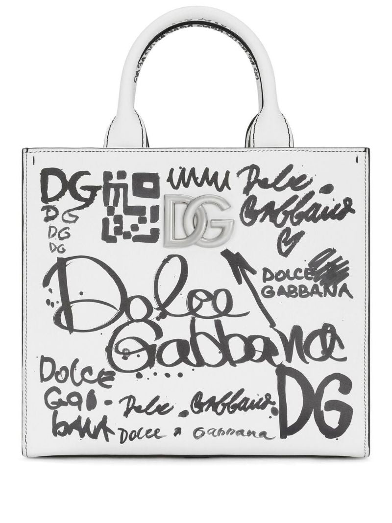 White Logo Printed Leather Tote Bag
