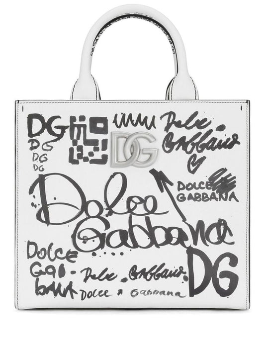 White Logo Printed Leather Tote Bag