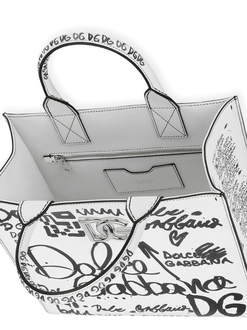 White Logo Printed Leather Tote Bag