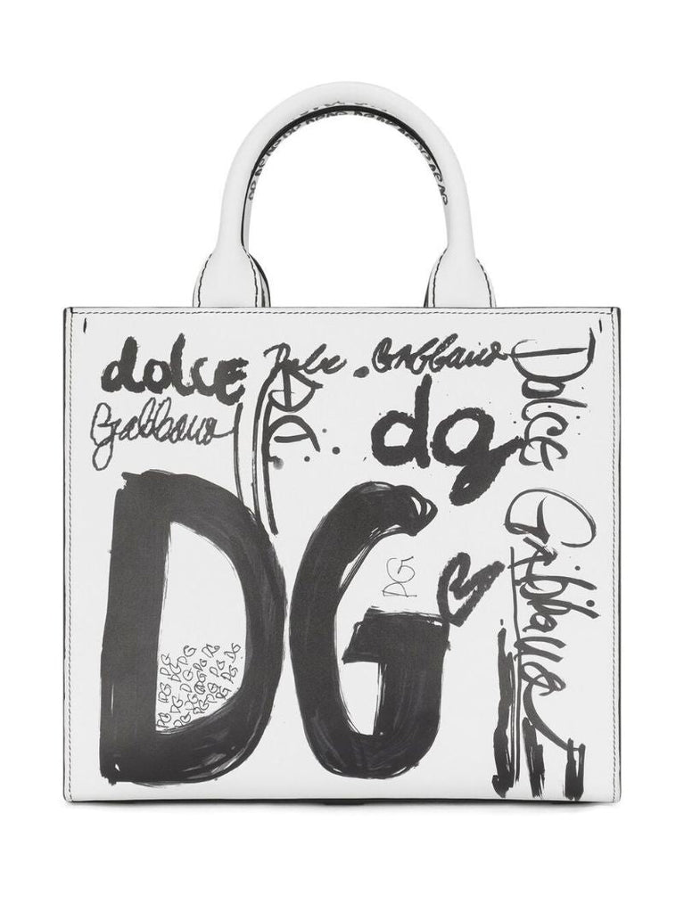 White Logo Printed Leather Tote Bag