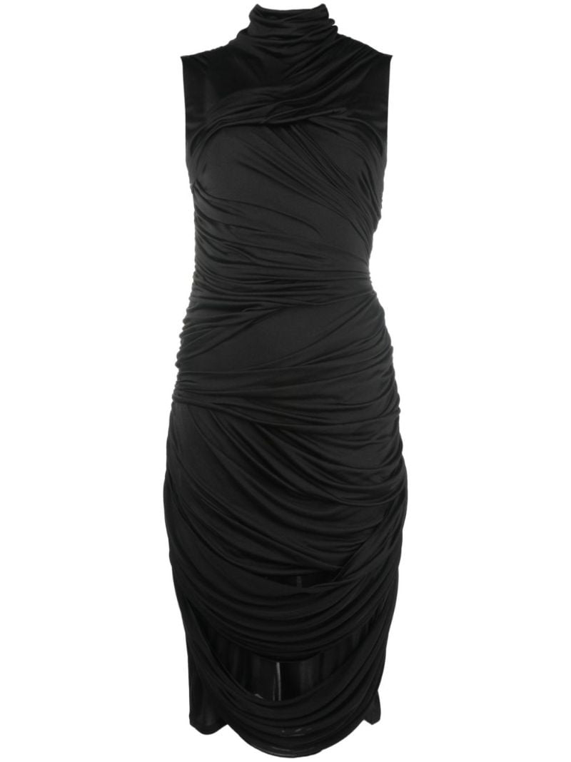 Black Draped Silk Midi Dress
