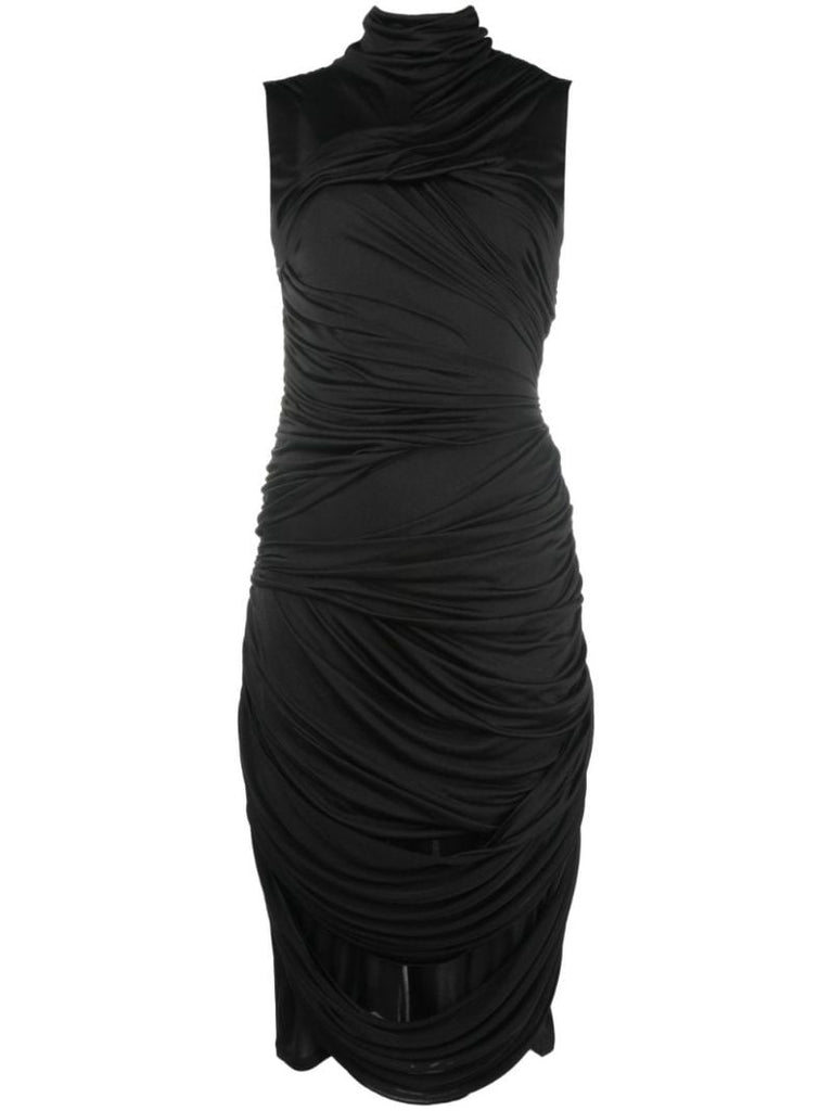 Black Draped Silk Midi Dress