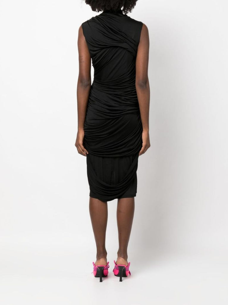 Black Draped Silk Midi Dress