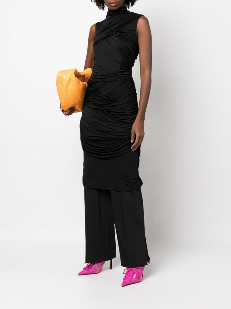 Black Draped Silk Midi Dress