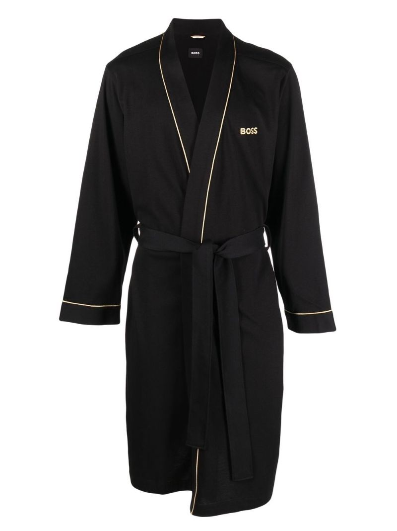Black Embroidered Logo Belted Robe