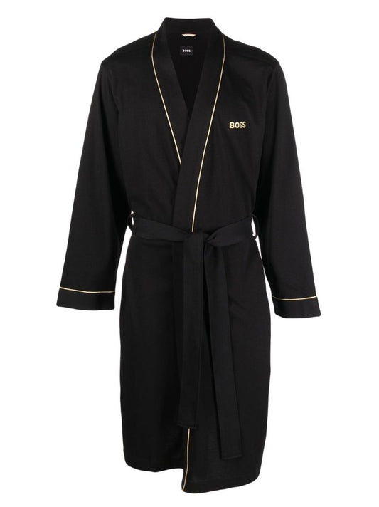 Black Embroidered Logo Belted Robe