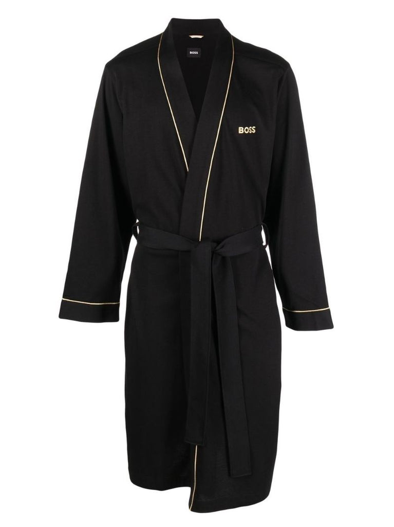 Black Embroidered Logo Belted Robe