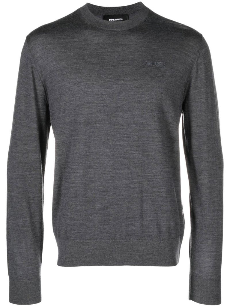 Grey Logo Embroidery Wool Sweater