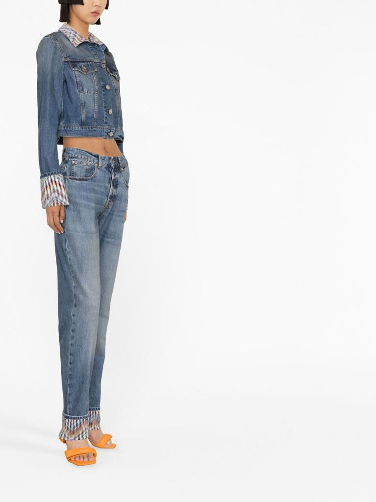 Blue Zigzag Detail Straight-leg Jeans