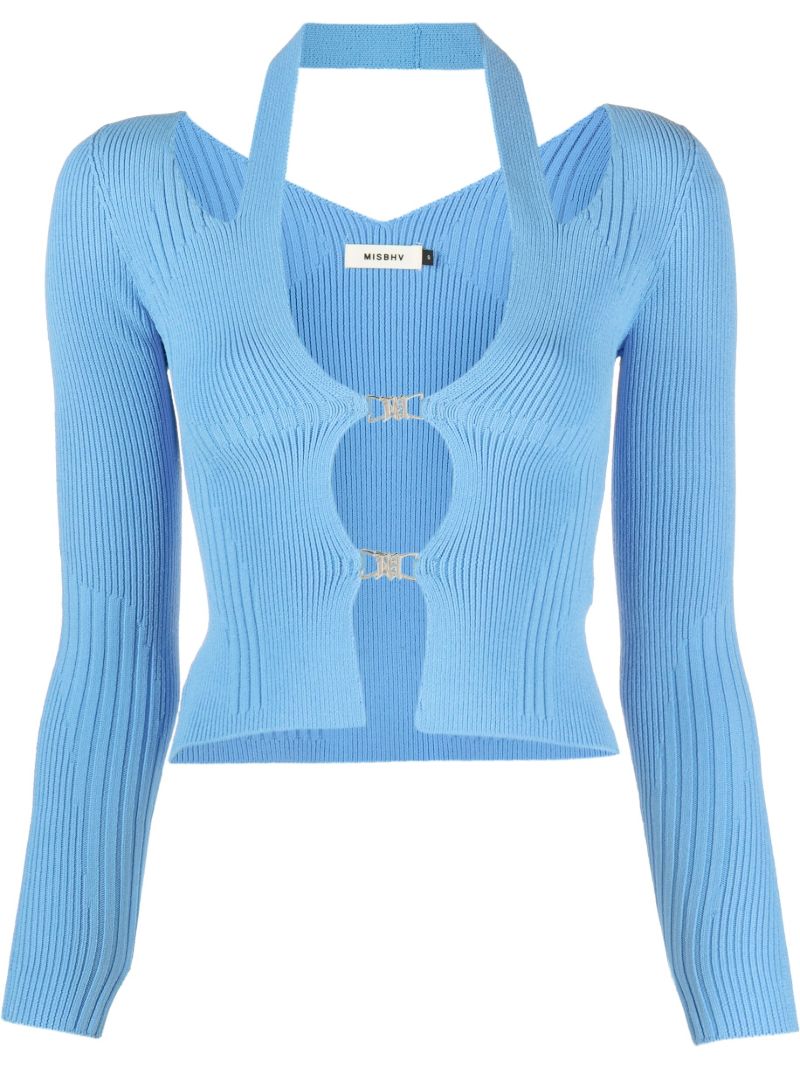 Blue Cut Out Ribbed Knit Cardigan