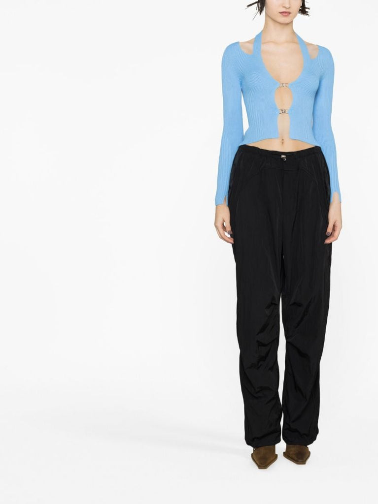 Blue Cut Out Ribbed Knit Cardigan