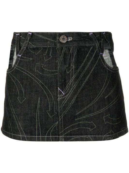 Black Printed Denim Mini Skirt