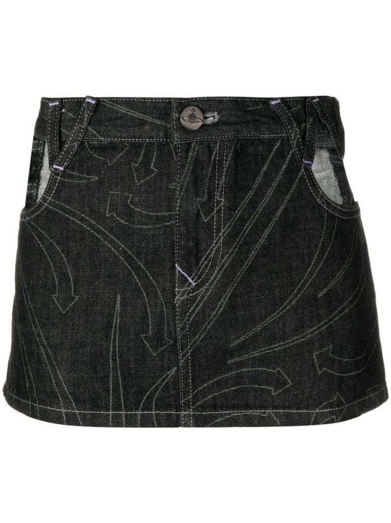 Black Printed Denim Mini Skirt
