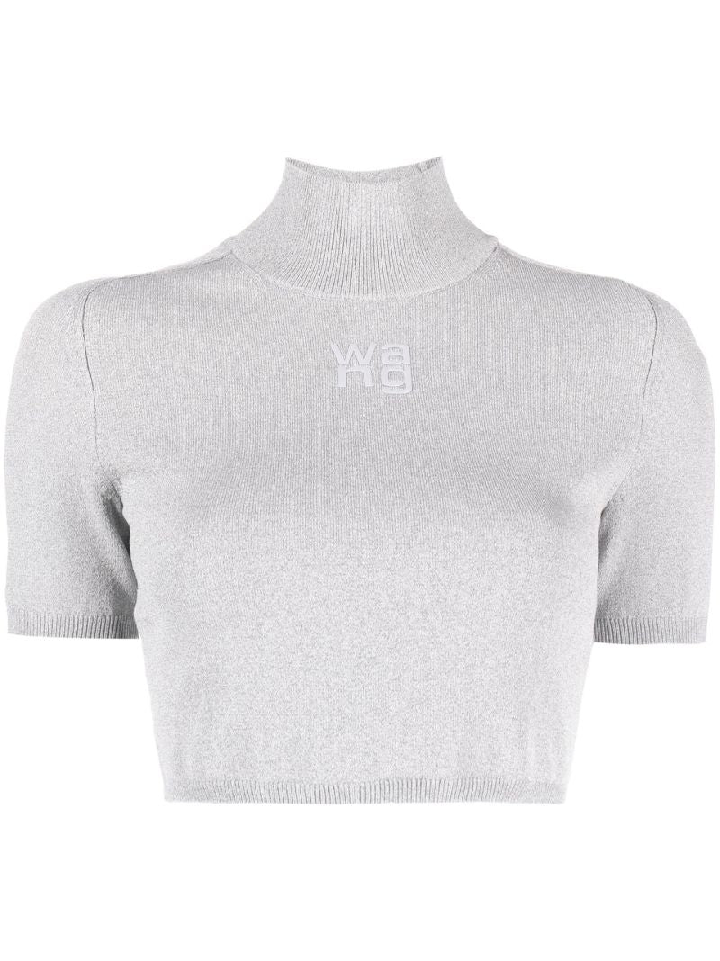 Grey Embroidered Logo Cropped Knitted Top