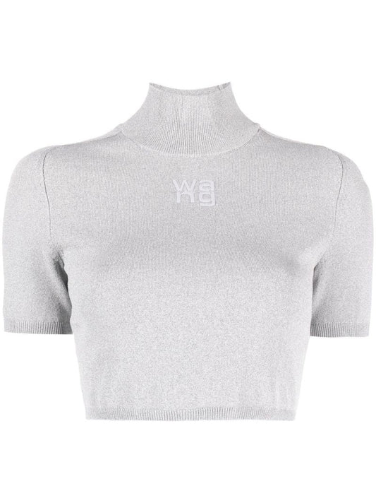 Grey Embroidered Logo Cropped Knitted Top