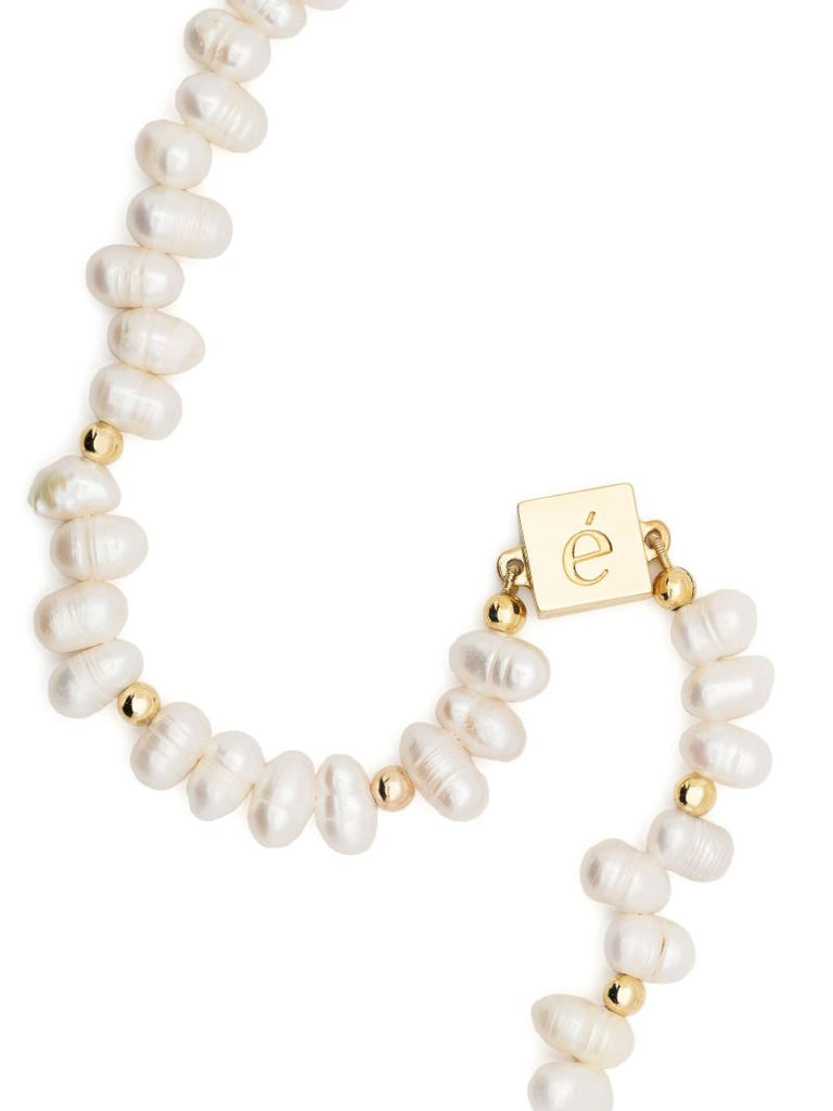 White Logo Charm Pearl Necklace