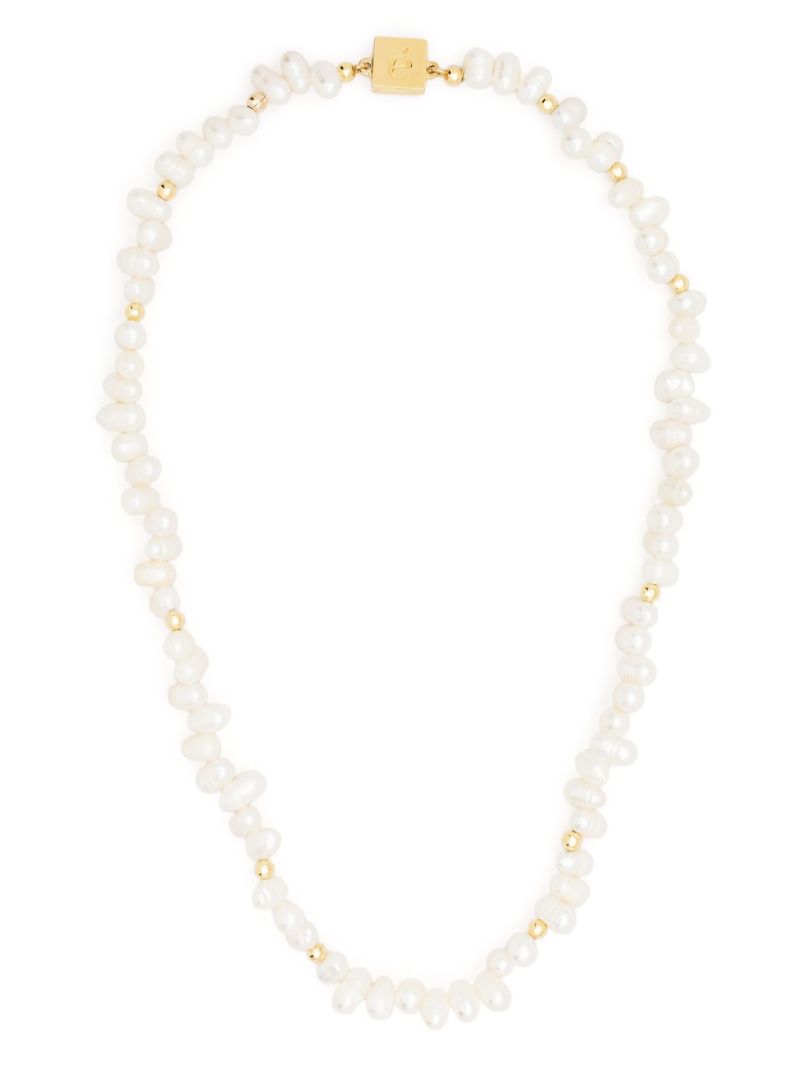 White Logo Charm Pearl Necklace