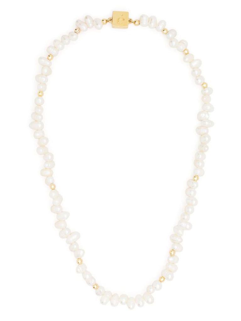White Logo Charm Pearl Necklace