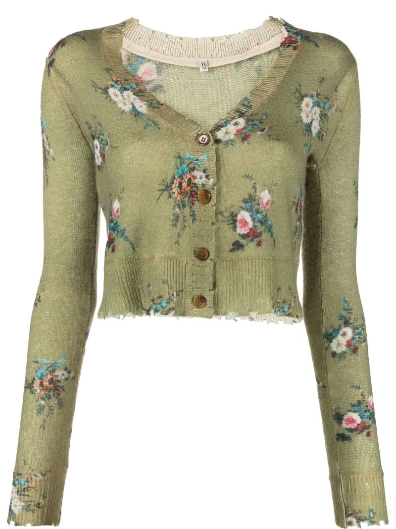 Green Floral Intarsia Cashmere Cardigan