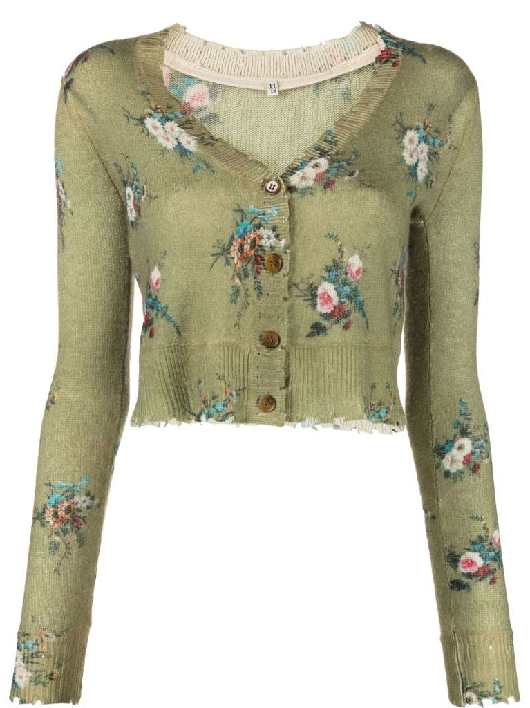 Green Floral Intarsia Cashmere Cardigan