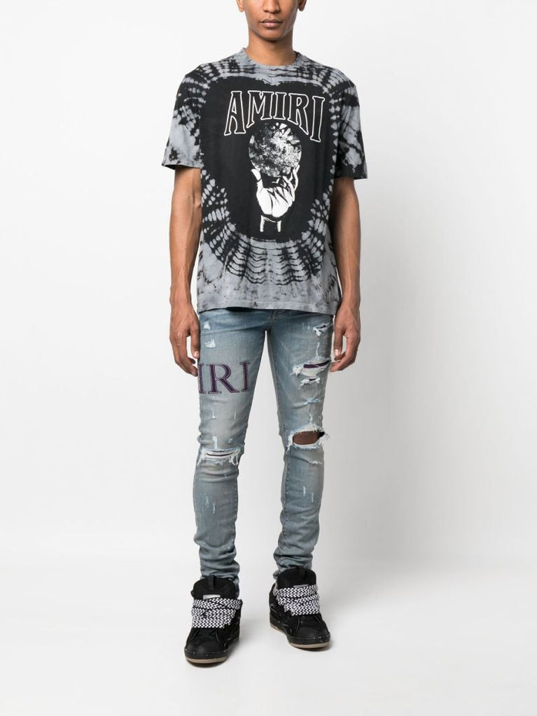 Blue Serif Logo Distressed Skinny Jeans