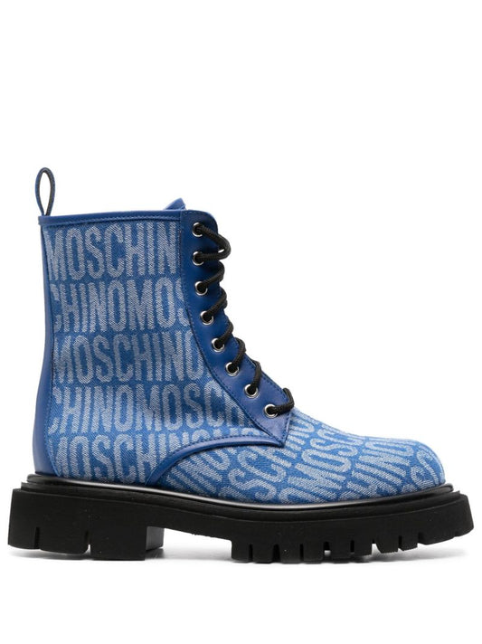Blue Logo-jacquard Lace-up Boots