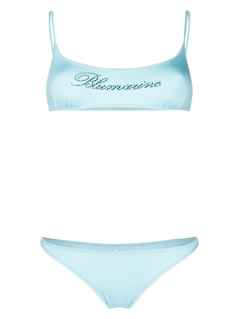 Blue Embellished Logo Bikini