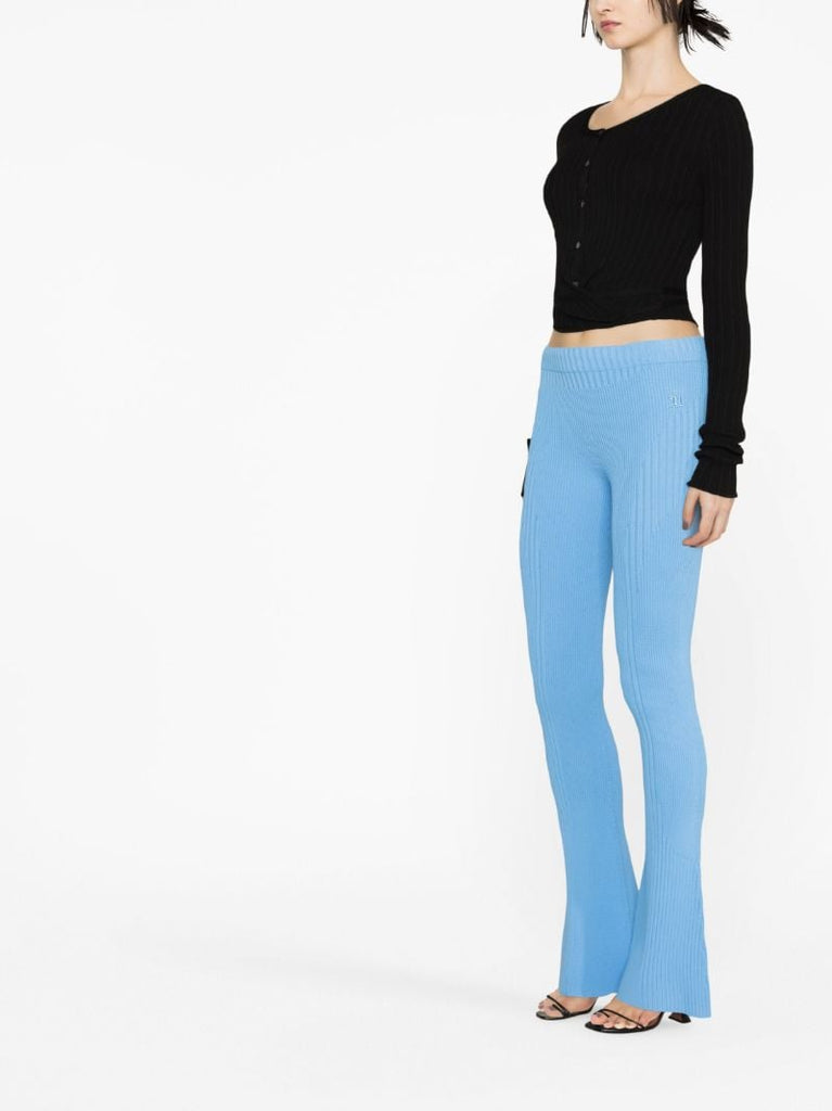 Blue Ribbed-knit Knit Flared Trousers