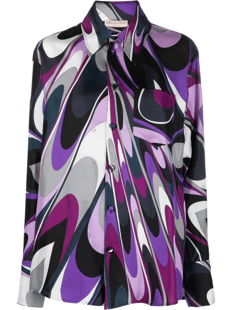 Purple Onde-print Silk Shirt