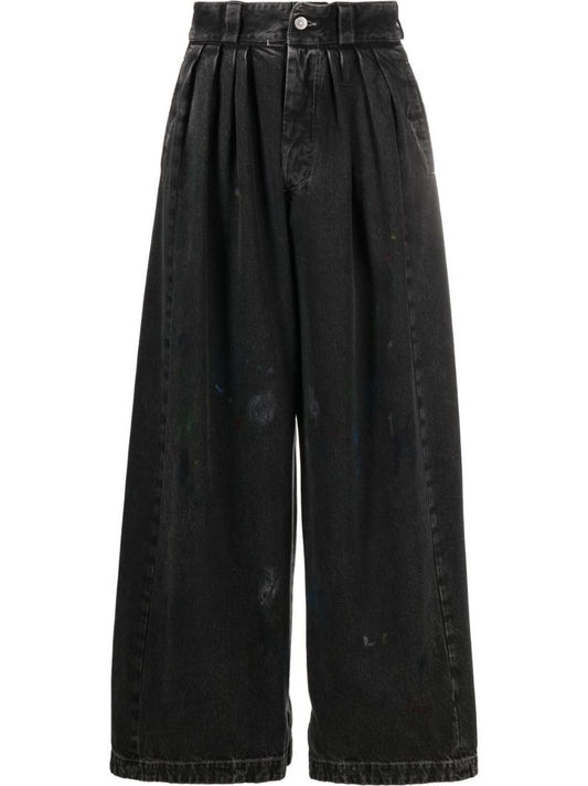 Black Paint Splatter Pleated Wide-leg Jeans