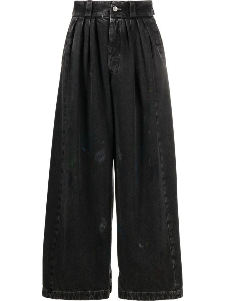 Black Paint Splatter Pleated Wide-leg Jeans