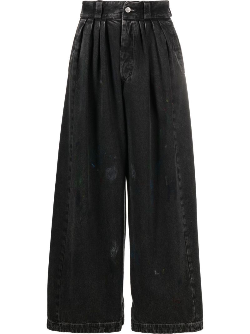 Black Paint Splatter Pleated Wide-leg Jeans