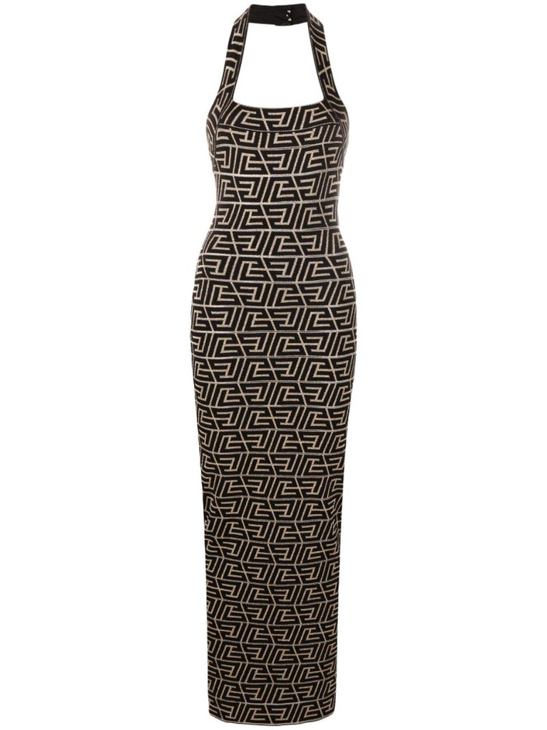 Black Logo Jacquard Halterneck Maxi Dress