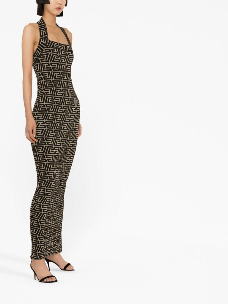 Black Logo Jacquard Halterneck Maxi Dress