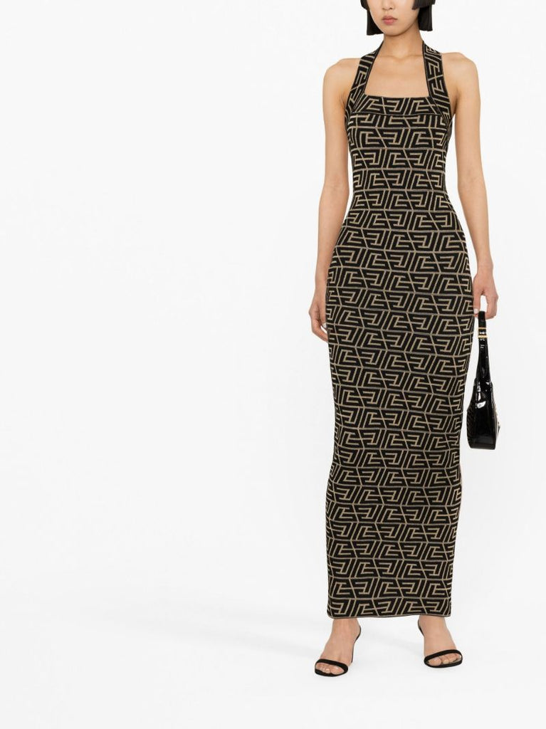 Black Logo Jacquard Halterneck Maxi Dress