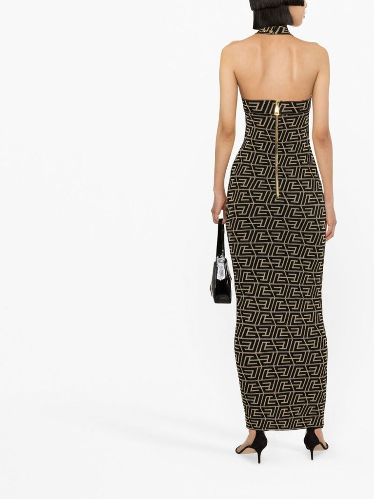 Black Logo Jacquard Halterneck Maxi Dress