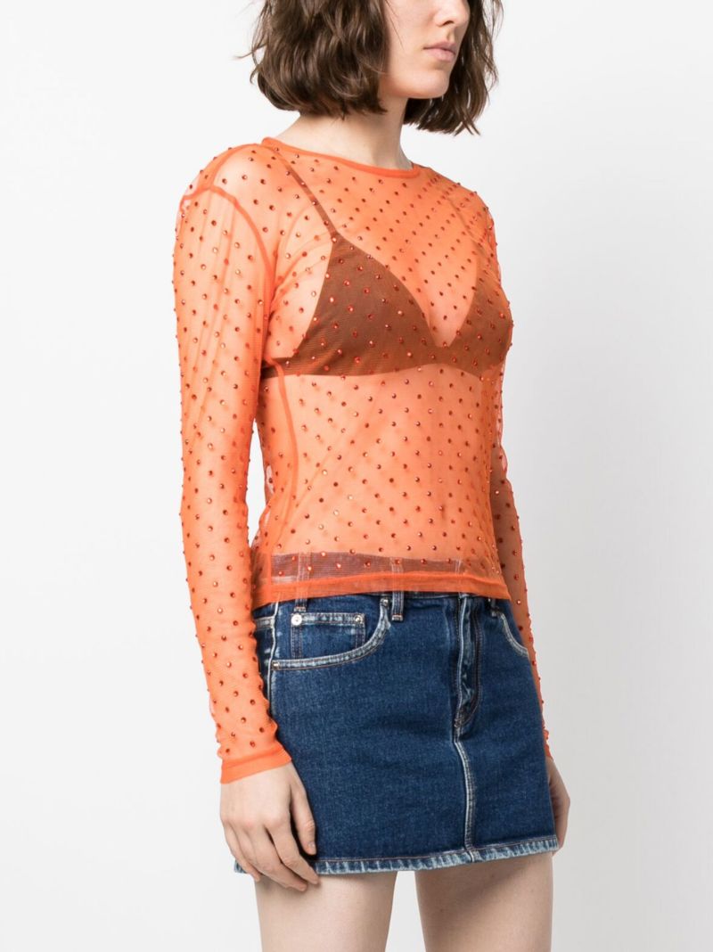 Orange Crystal Embellished Sheer Top