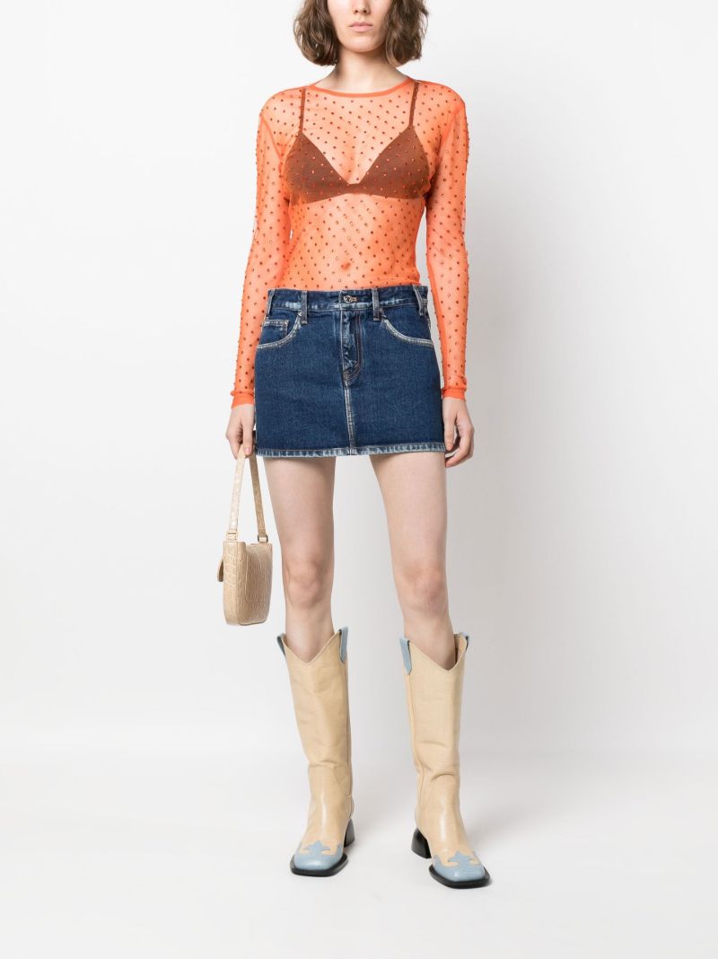 Orange Crystal Embellished Sheer Top