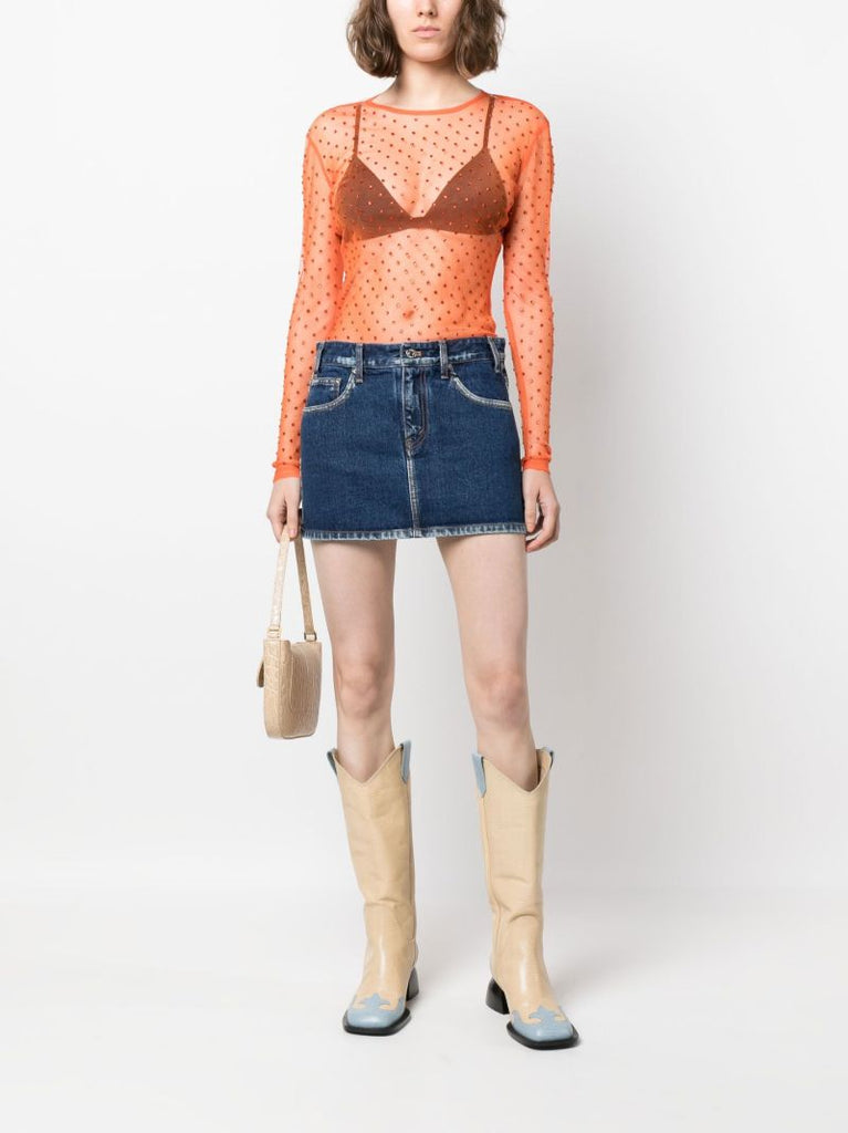 Orange Crystal Embellished Sheer Top