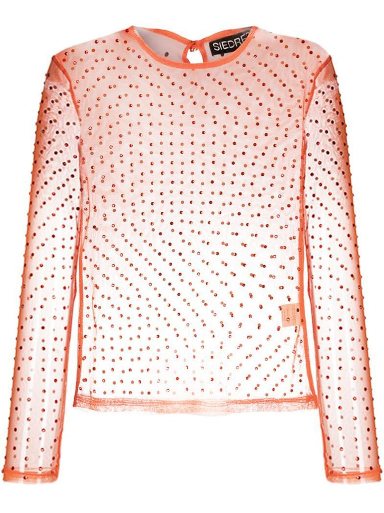 Orange Crystal Embellished Sheer Top