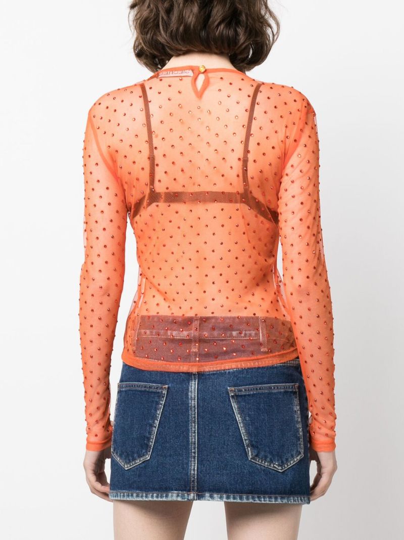 Orange Crystal Embellished Sheer Top